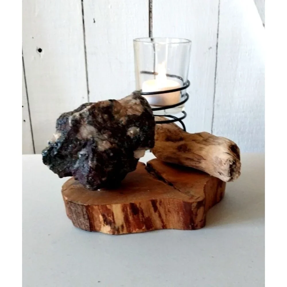 Rustic Driftwood Organic Rock Candle Holder Handmade